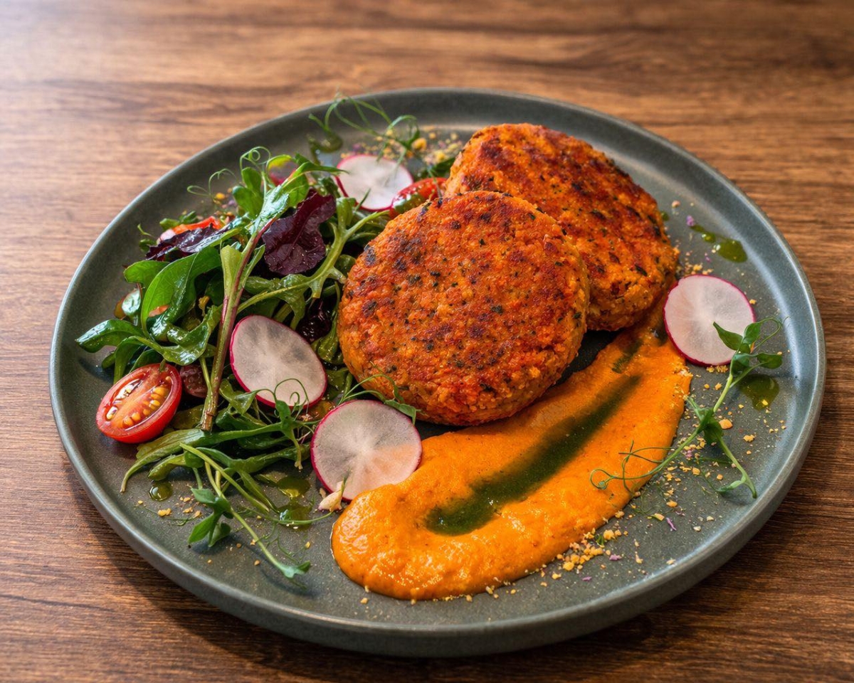 Vegetable Patties with Fresh Salad and Roasted Vegetable Sauce from the menu of Resto Shop
