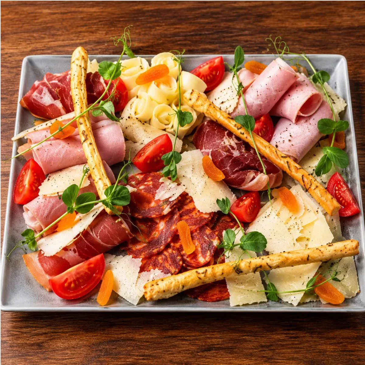 Plate of delicatessen cheeses and sausages from the menu of Resto Shop
