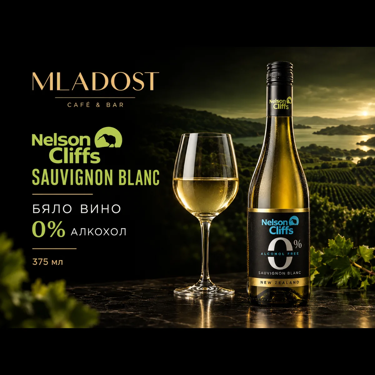 Бутилка Nelson Cliffs 0 % Sauvignon Blanc от менюто на MLADOST • Coffee • Bar