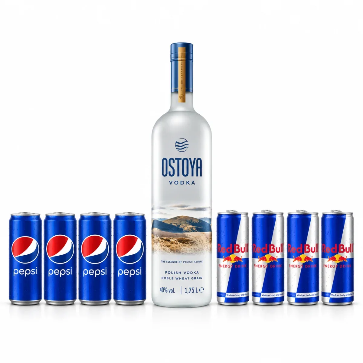 Водка “Остоя” 1.750 L + 4 бр. Пепси + 4 бр. РедБул